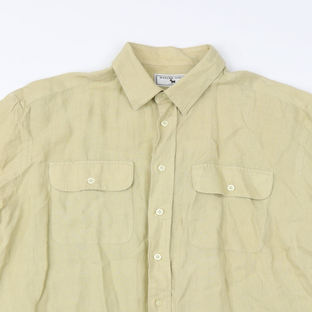 Mayfair Mens Beige Linen Button-Up Size L Collared Button