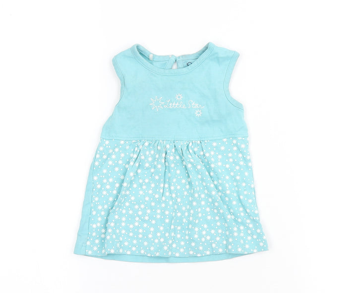 Popees Girls Blue Cotton A-Line Size 6-9 Months Round Neck Button - Little Star