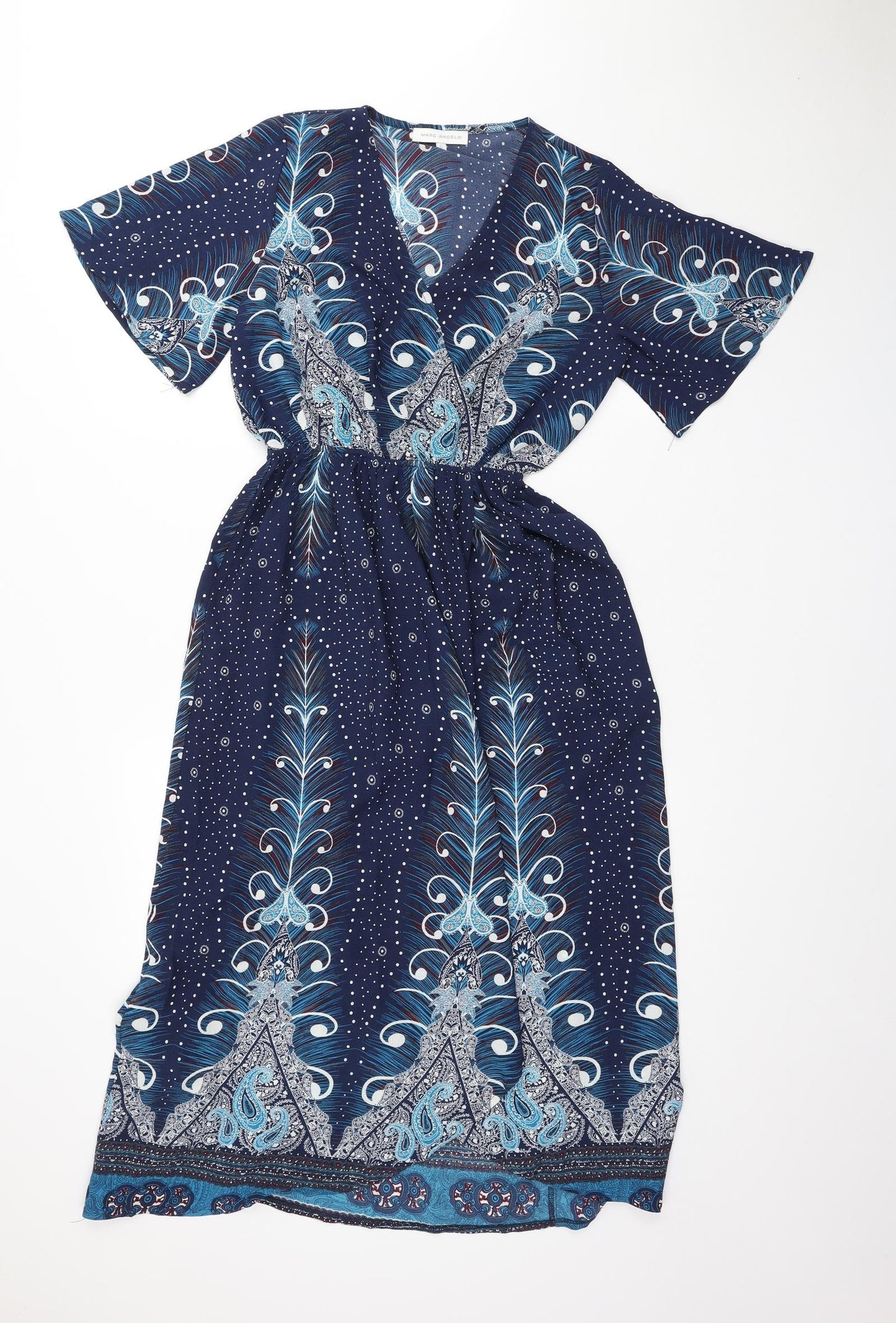 Marc Angelo Womens Blue Paisley Polyester A-Line Size 10 V-Neck