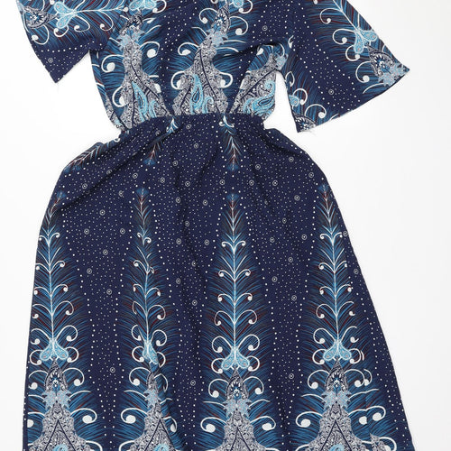 Marc Angelo Womens Blue Paisley Polyester A-Line Size 10 V-Neck