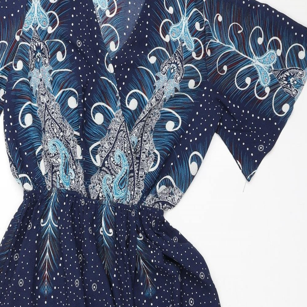 Marc Angelo Womens Blue Paisley Polyester A-Line Size 10 V-Neck