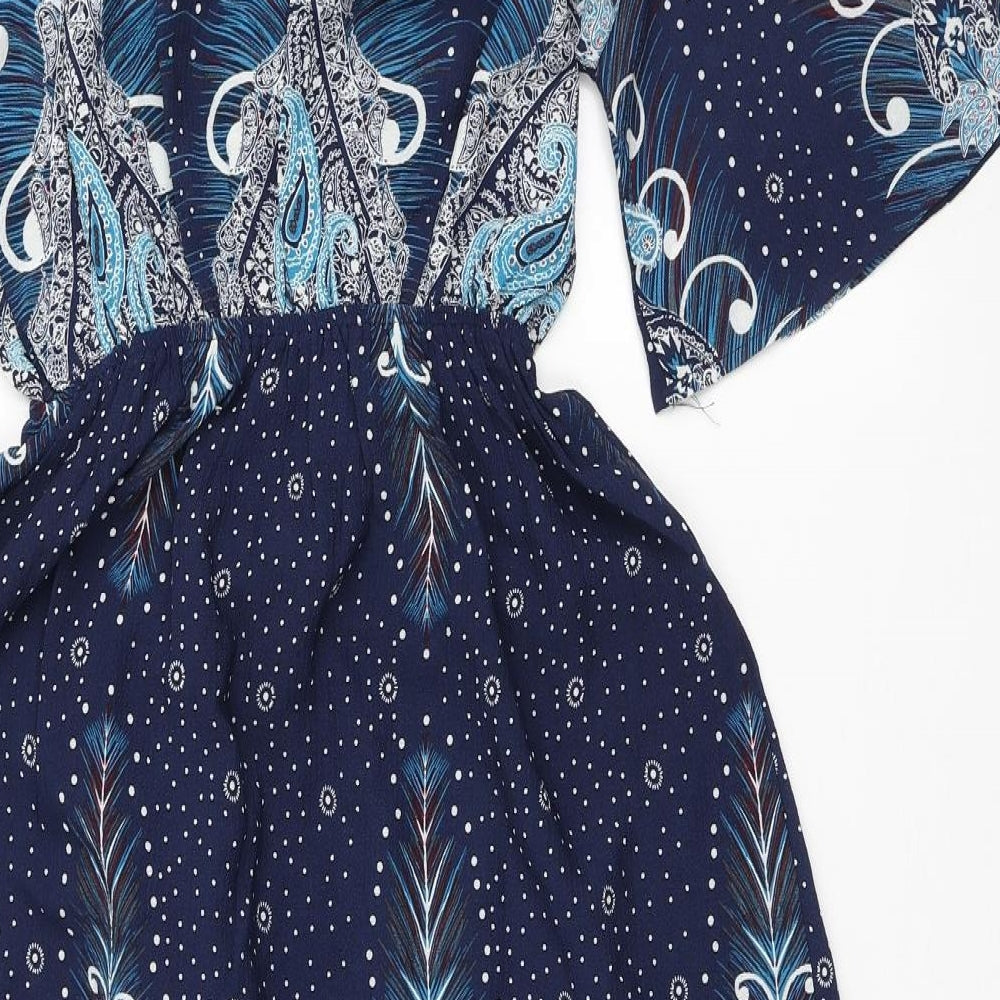 Marc Angelo Womens Blue Paisley Polyester A-Line Size 10 V-Neck