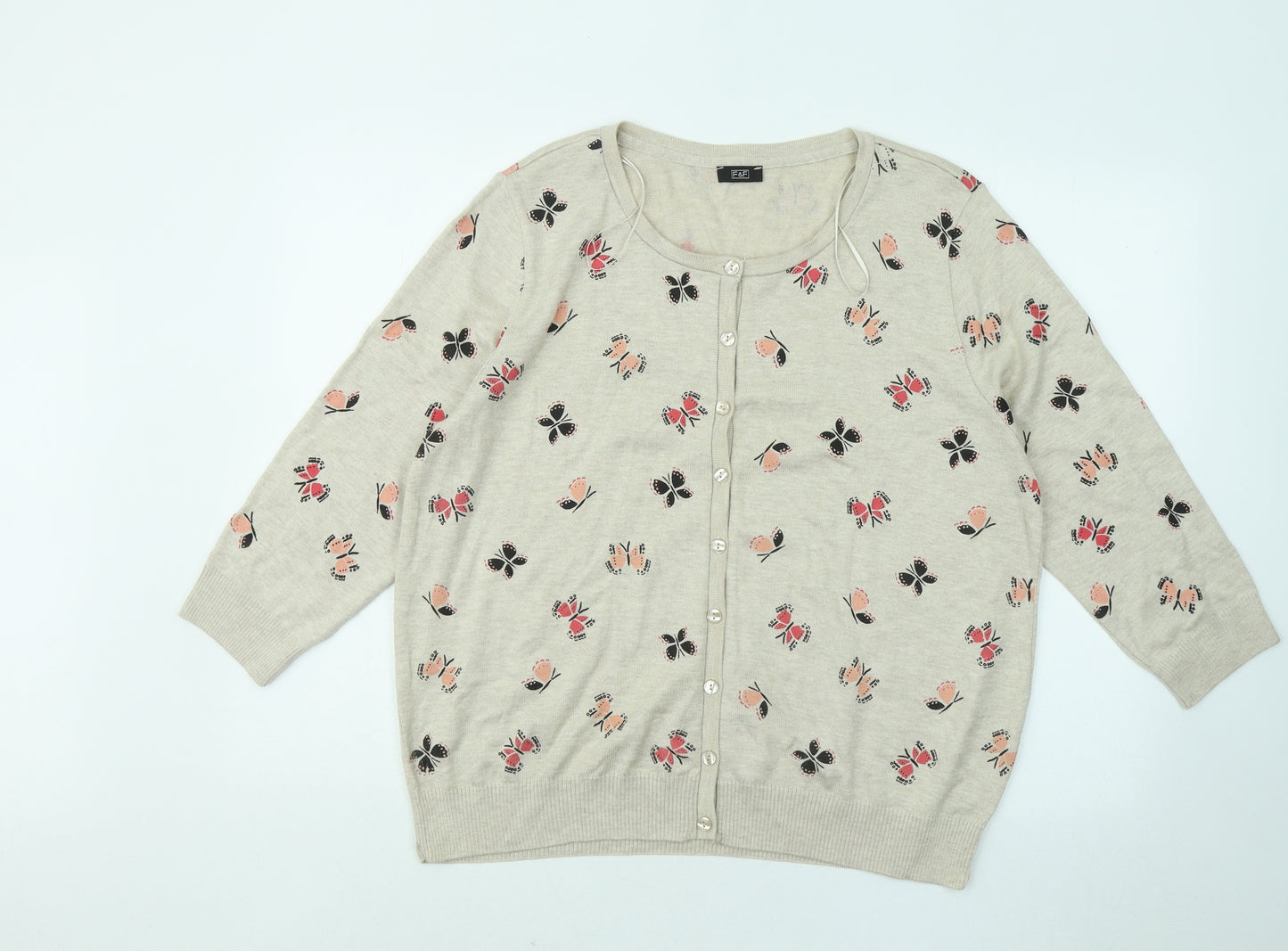F&F Womens Beige Round Neck Geometric Cotton Cardigan Jumper Size 22 - Butterflies