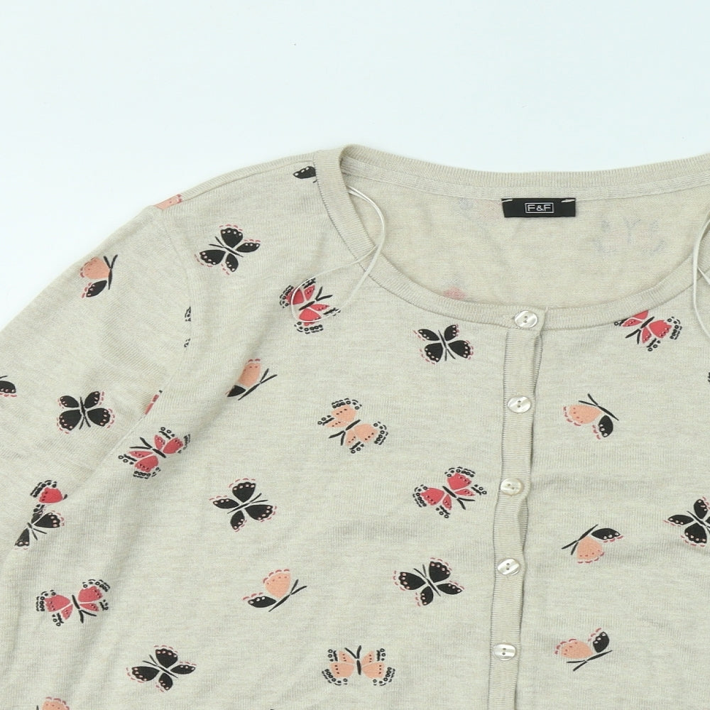 F&F Womens Beige Round Neck Geometric Cotton Cardigan Jumper Size 22 - Butterflies