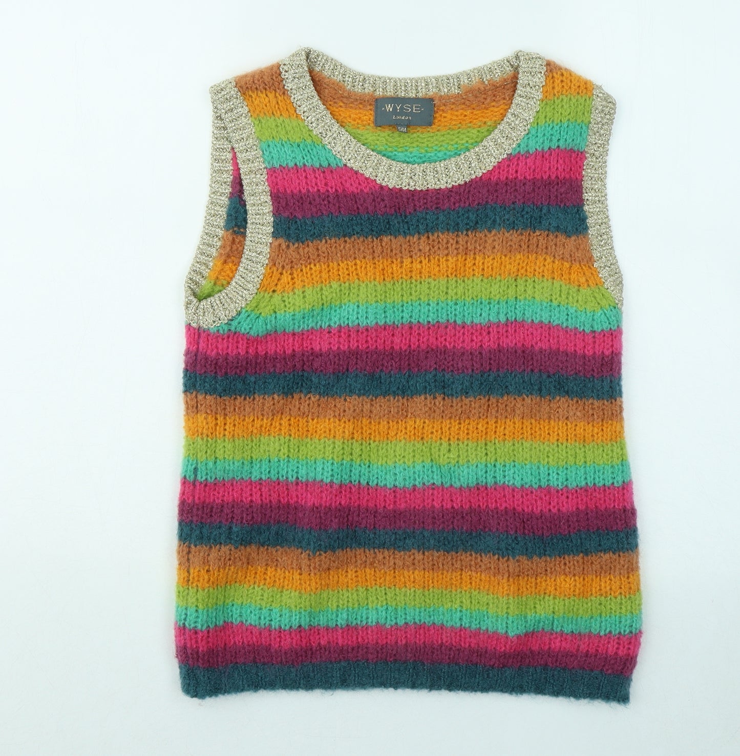 WYSE Womens Multicoloured Round Neck Striped Mohair Vest Jumper Size S