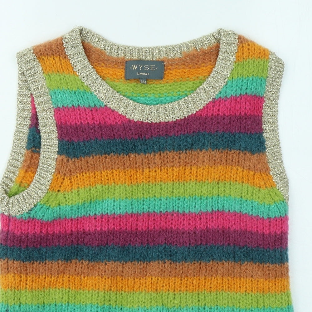 WYSE Womens Multicoloured Round Neck Striped Mohair Vest Jumper Size S