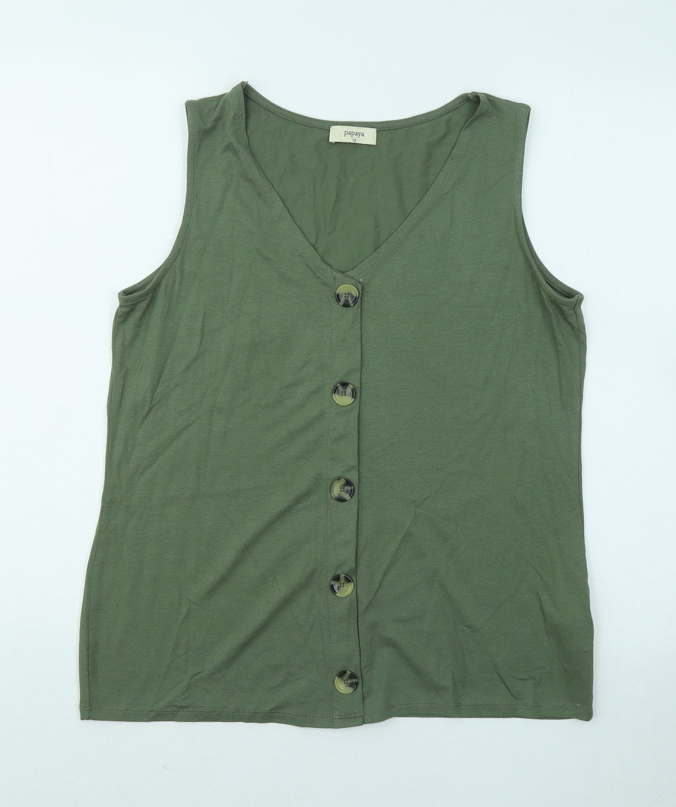 Papaya Womens Green Viscose Basic T-Shirt Size 12 V-Neck