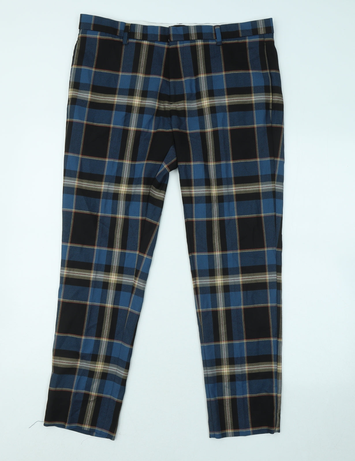 River Island Mens Blue Plaid Polyester Trousers Size 34 in L28 in Regular Zip
