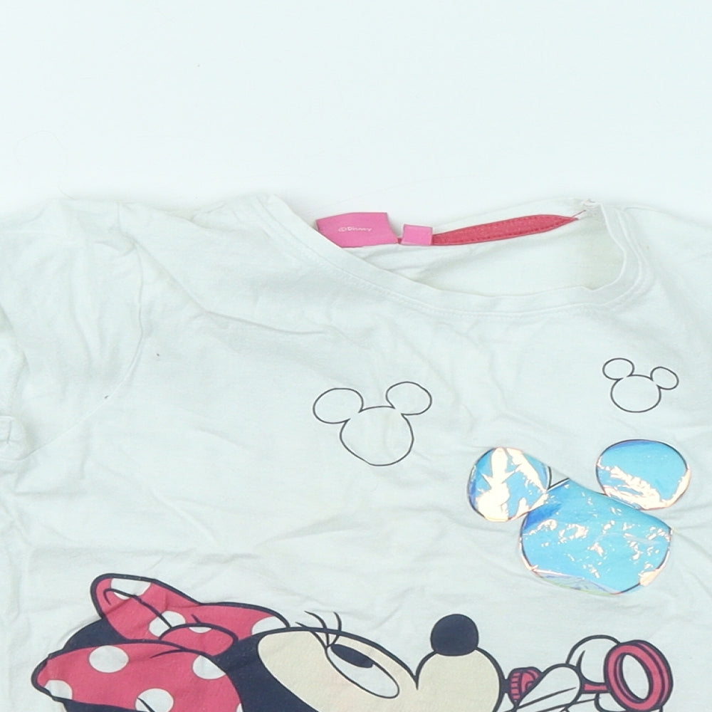 Disney Girls White Cotton Basic T-Shirt Size 7-8 Years Round Neck Pullover - Minnie Mouse
