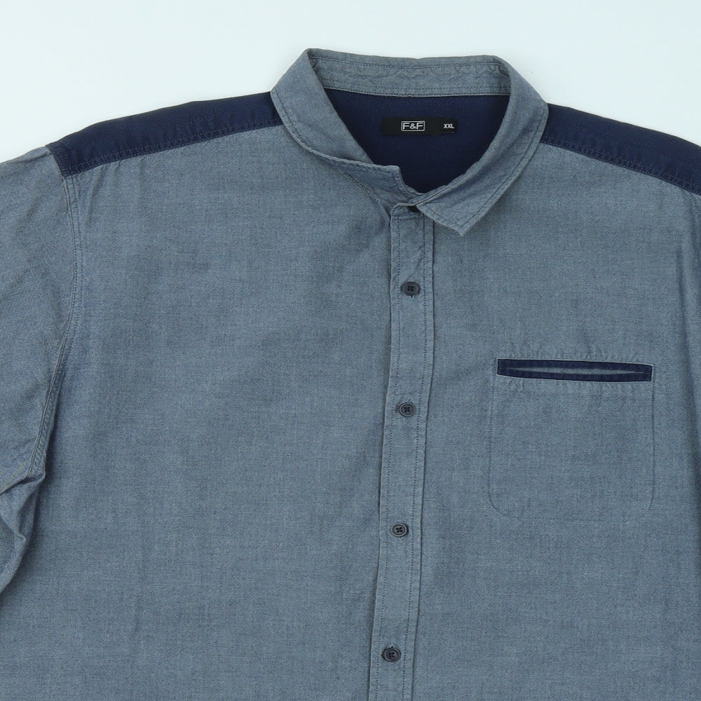 F&F Mens Blue Cotton Button-Up Size 2XL Collared Button