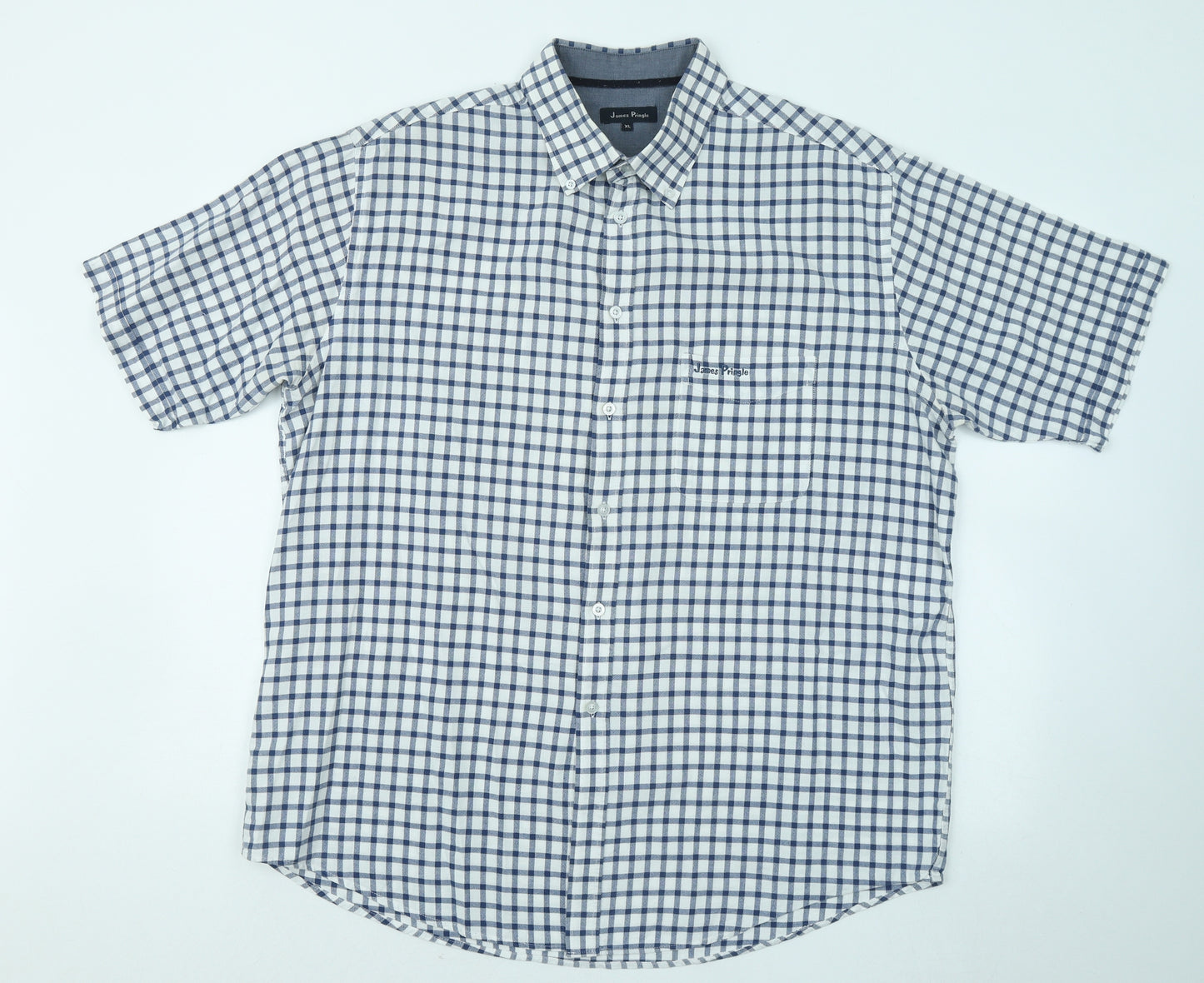 James Pringle Mens Blue Plaid Cotton Button-Up Size XL Collared Button