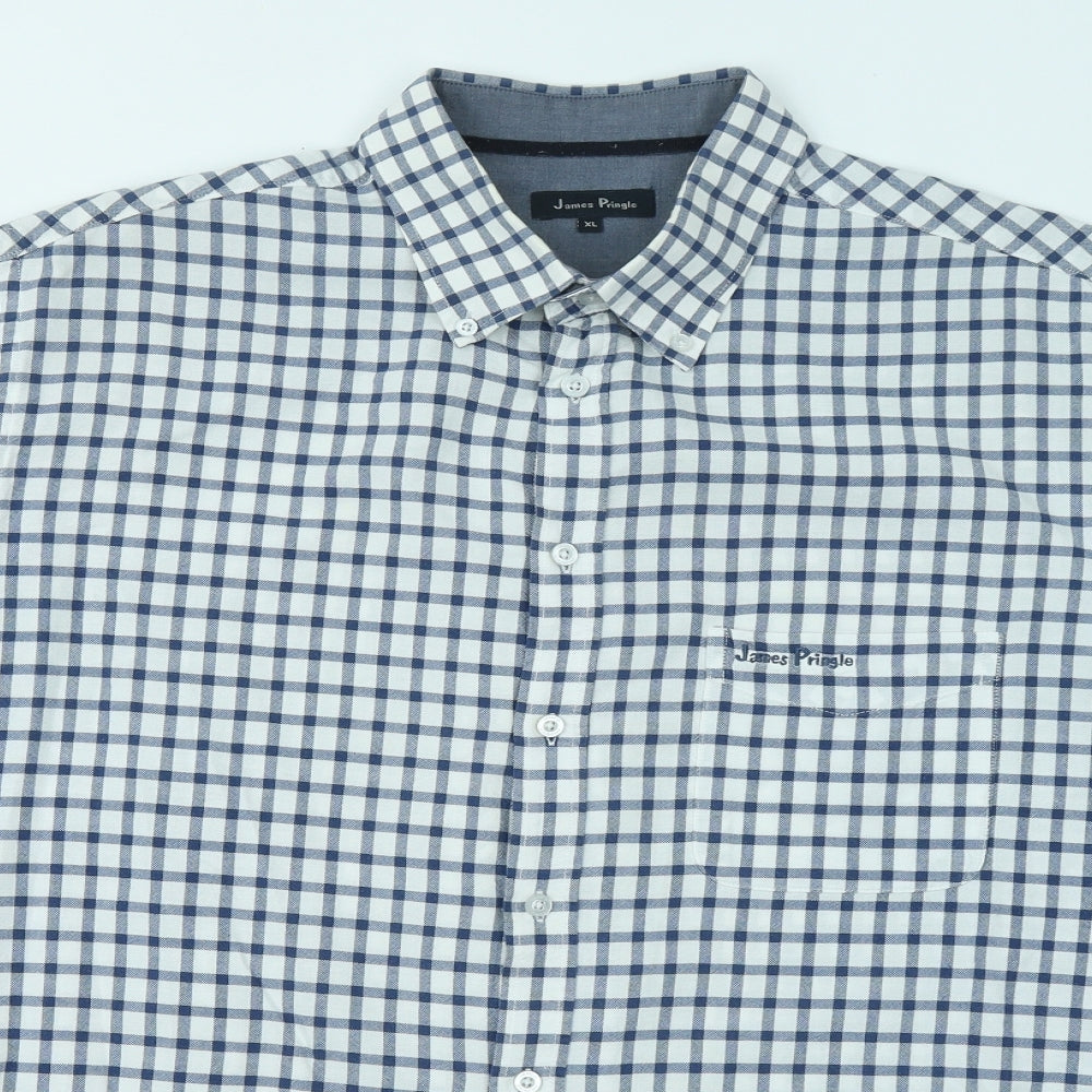 James Pringle Mens Blue Plaid Cotton Button-Up Size XL Collared Button