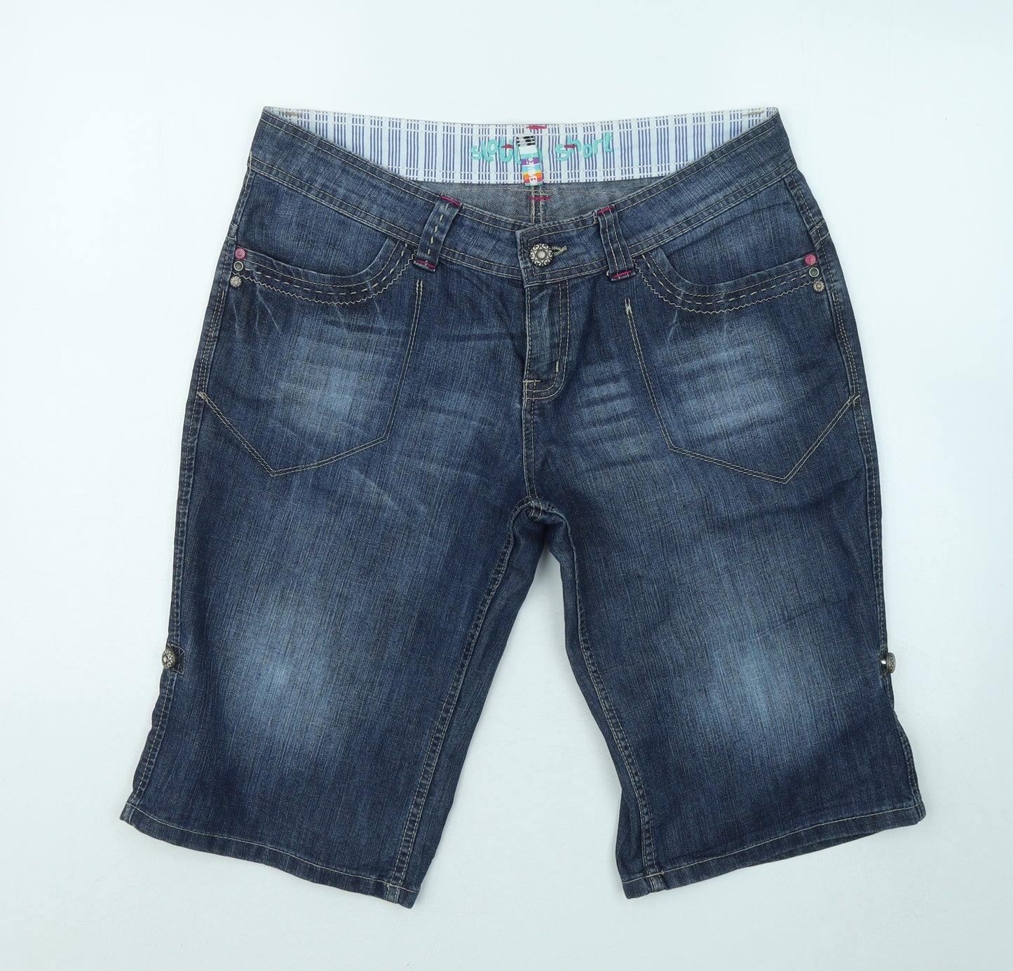 Denim & Co. Womens Blue Cotton Dungaree Shorts Shorts Size 12 Regular Zip