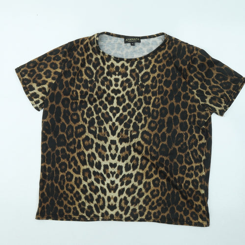AYANAPA Womens Gold Animal Print Cotton Basic T-Shirt Size 14 Round Neck - Leopard Print