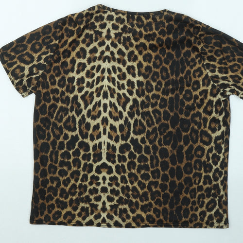 AYANAPA Womens Gold Animal Print Cotton Basic T-Shirt Size 14 Round Neck - Leopard Print