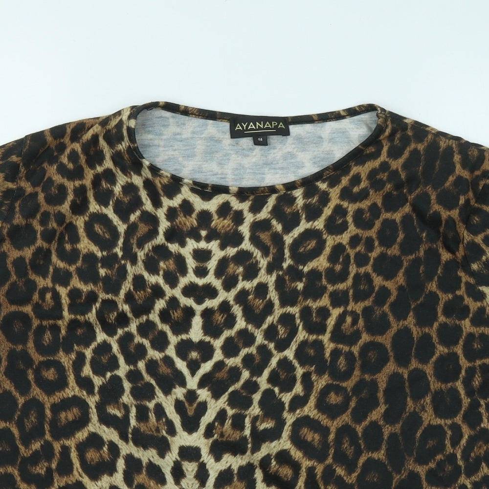 AYANAPA Womens Gold Animal Print Cotton Basic T-Shirt Size 14 Round Neck - Leopard Print