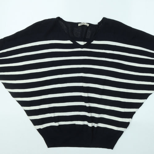 Timeout Womens Blue V-Neck Striped Acrylic Pullover Jumper Size L
