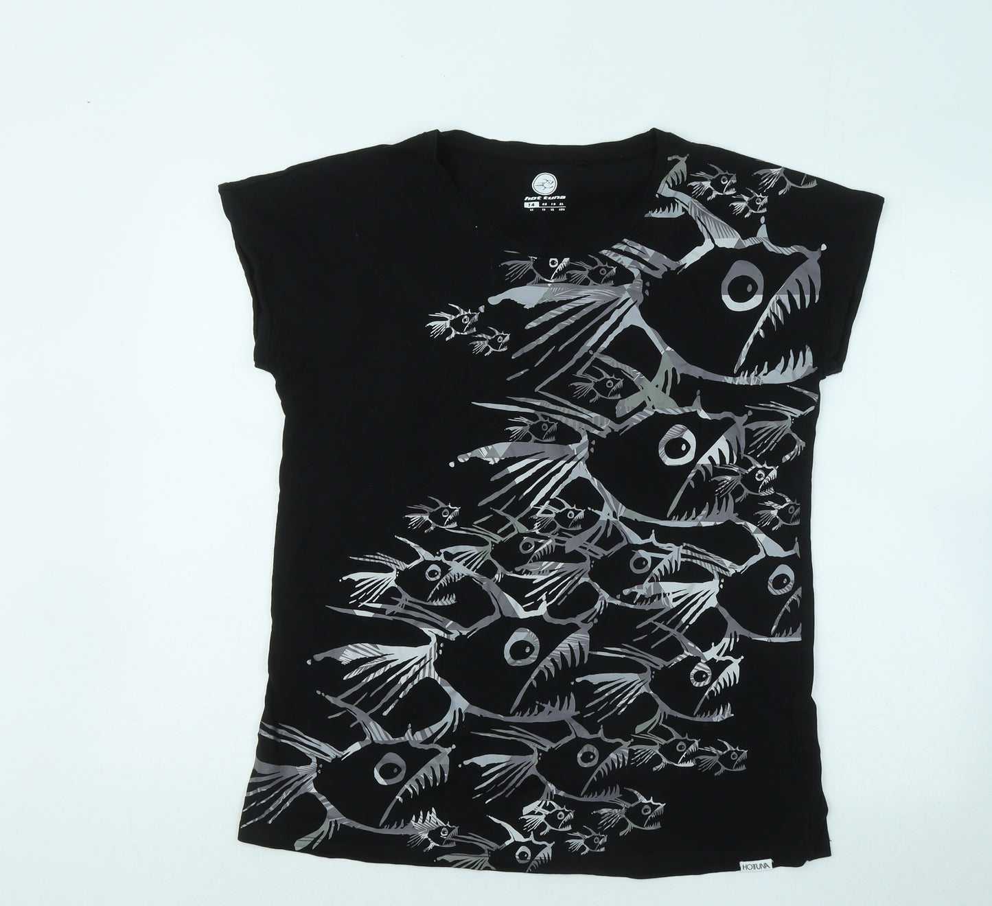 Hot Tuna Womens Black Geometric Cotton Basic T-Shirt Size 14 Round Neck - Tuna Fish