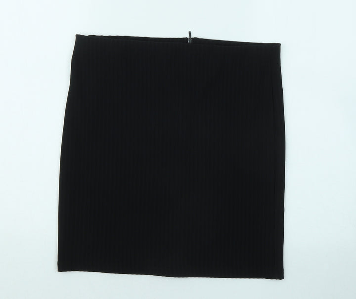 Woman Womens Black Polyester Mini Skirt Size L Zip - Ribbed