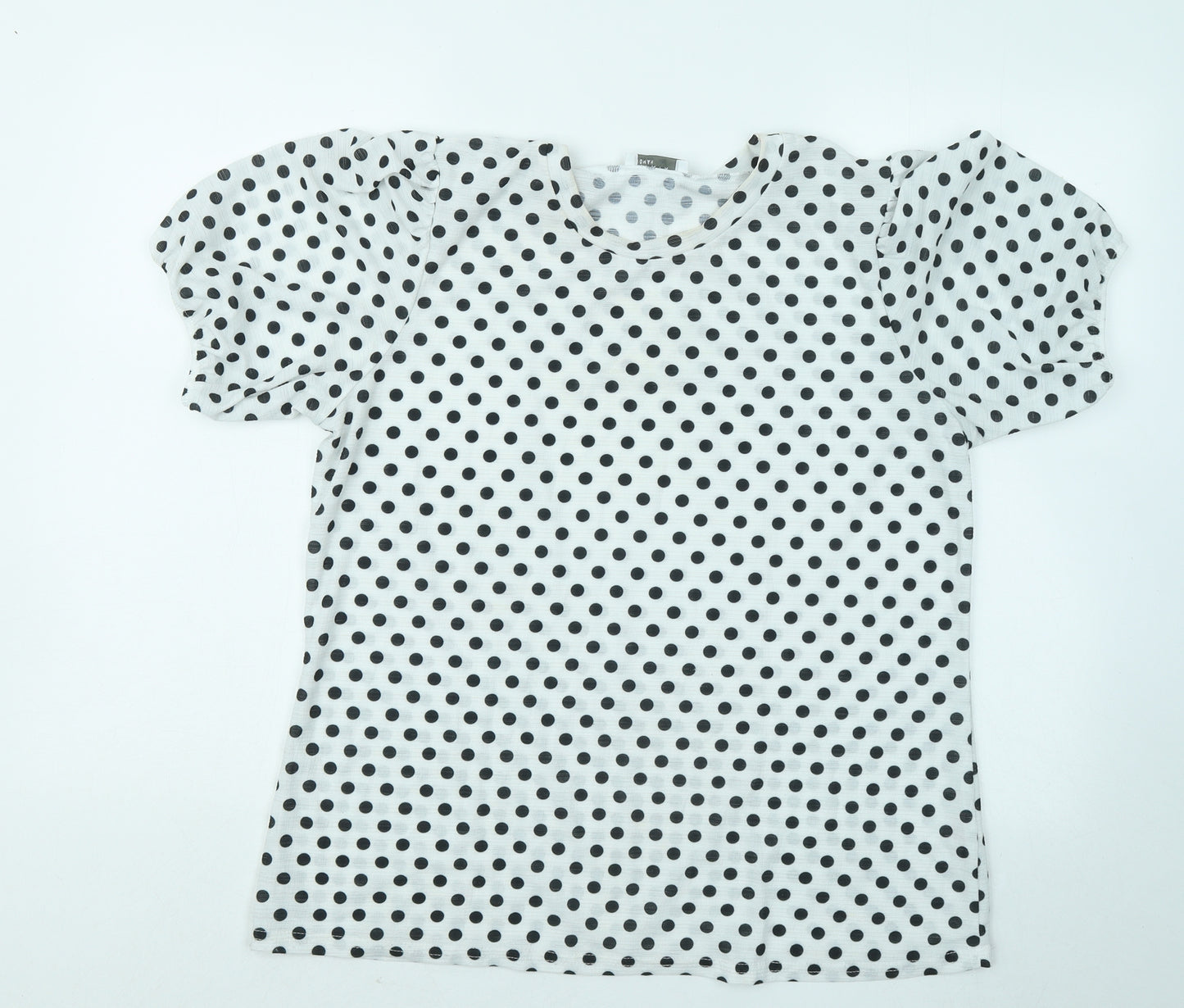 Papaya Womens White Polka Dot Polyester Basic Blouse Size 14 Round Neck - Puff Sleeves