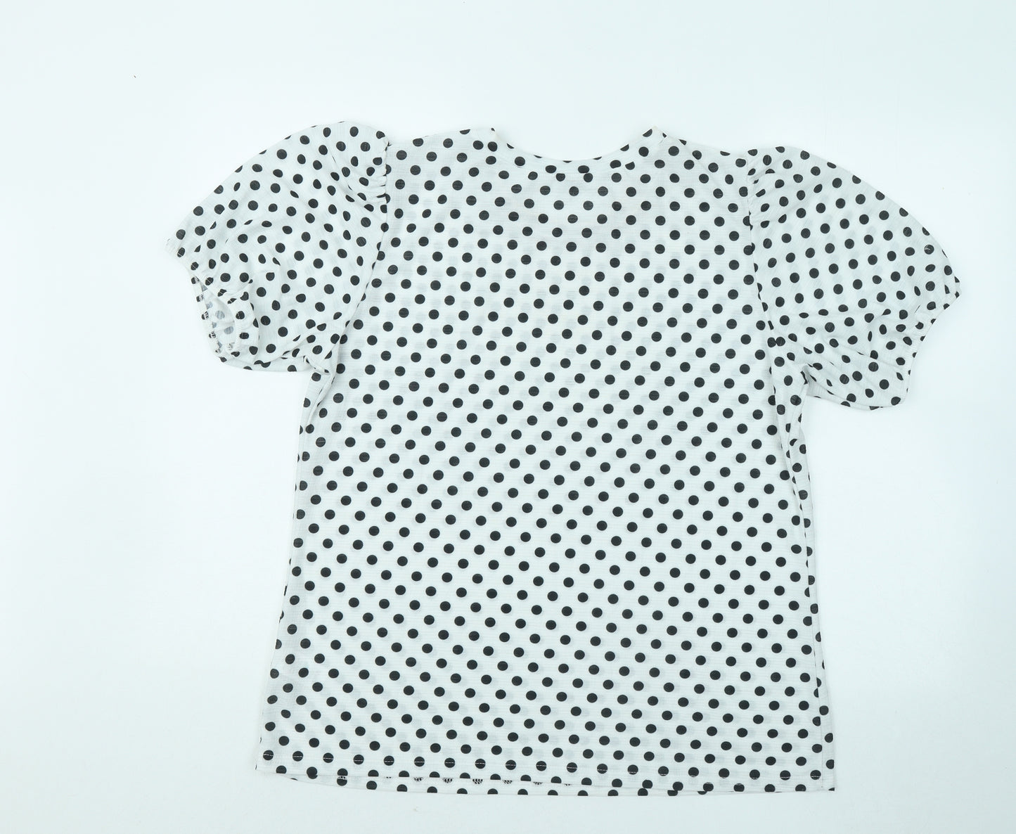 Papaya Womens White Polka Dot Polyester Basic Blouse Size 14 Round Neck - Puff Sleeves