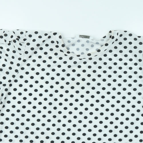 Papaya Womens White Polka Dot Polyester Basic Blouse Size 14 Round Neck - Puff Sleeves