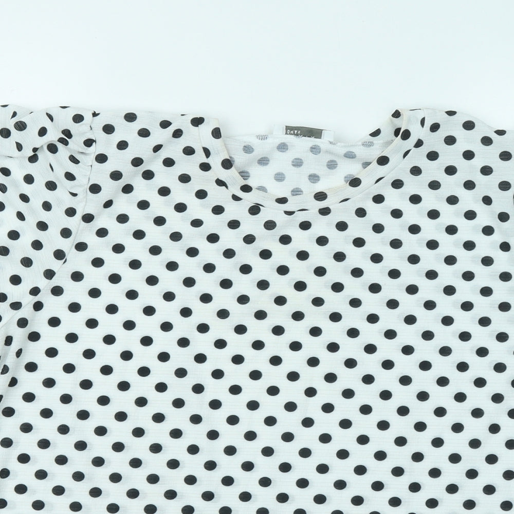 Papaya Womens White Polka Dot Polyester Basic Blouse Size 14 Round Neck - Puff Sleeves