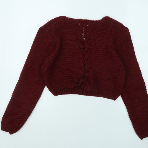Boohoo Womens Red V-Neck Acrylic Pullover Jumper Size M