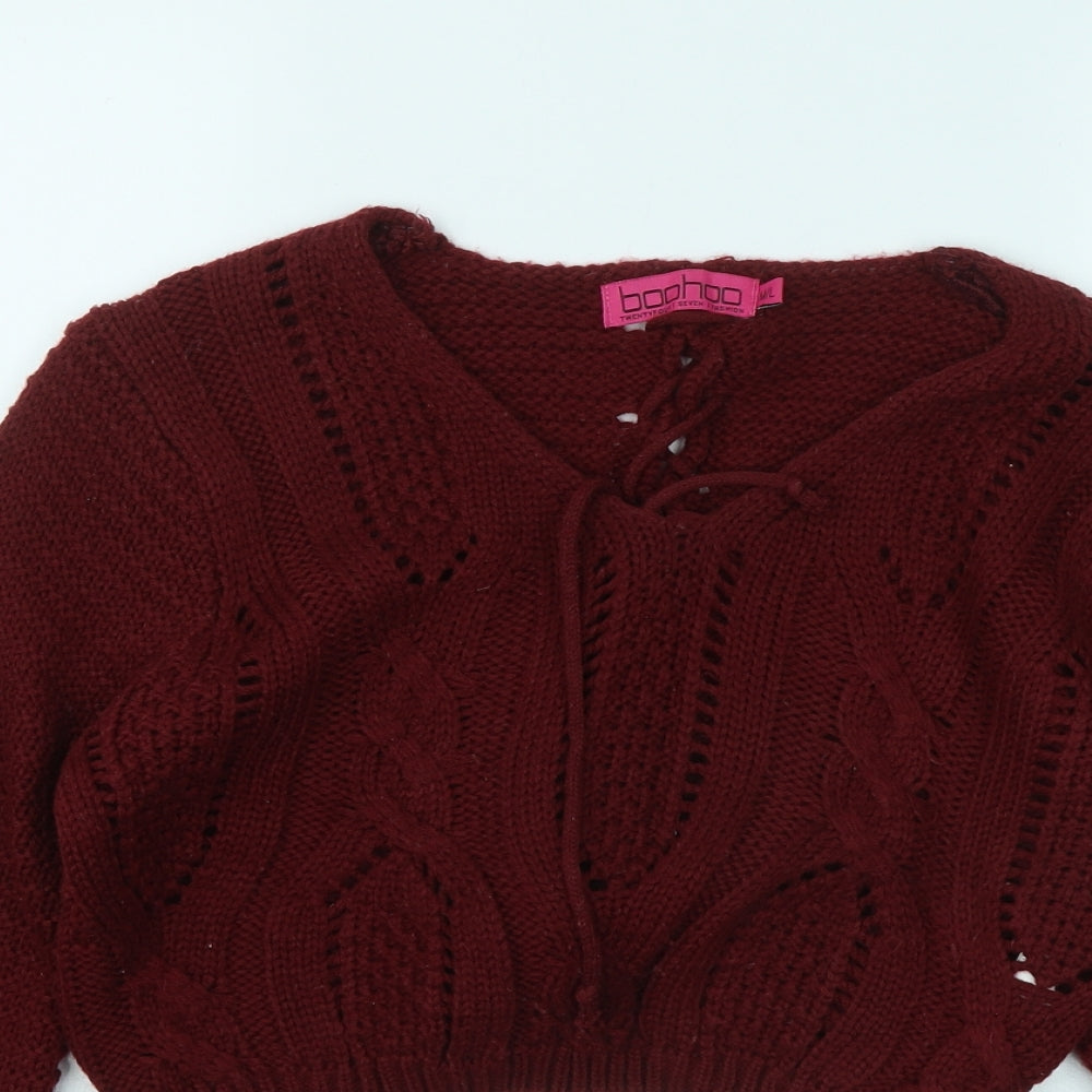 Boohoo Womens Red V-Neck Acrylic Pullover Jumper Size M
