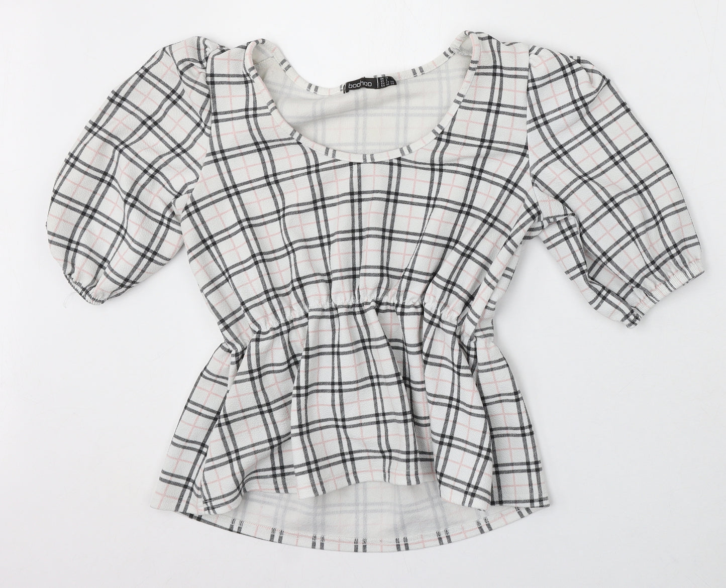 Boohoo Womens White Check Polyester Basic Blouse Size 10 Round Neck