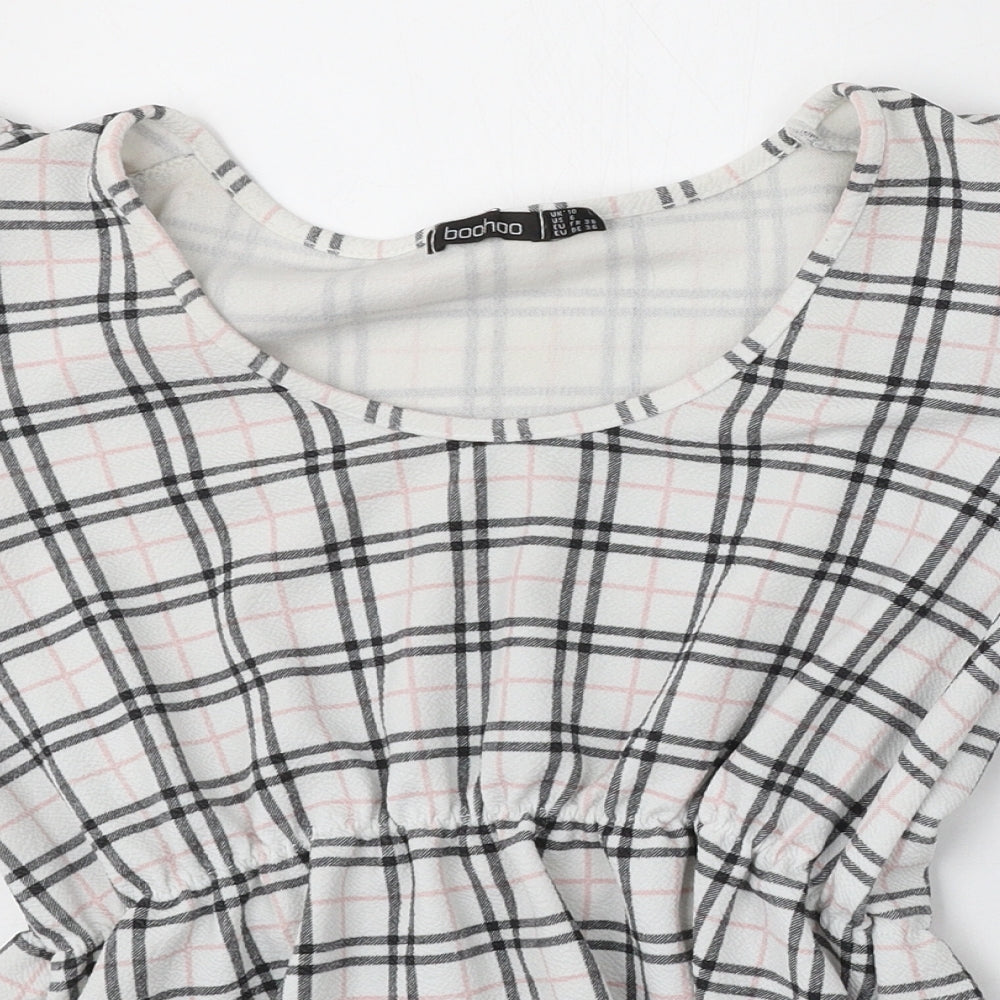 Boohoo Womens White Check Polyester Basic Blouse Size 10 Round Neck