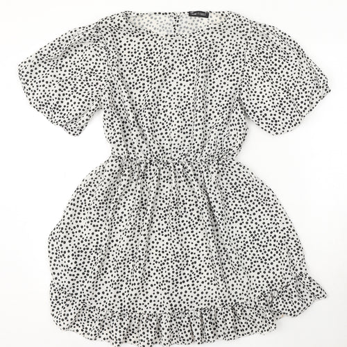 I SAW IT FIRST Womens White Polka Dot Polyester Skater Dress Size 8 Round Neck Button