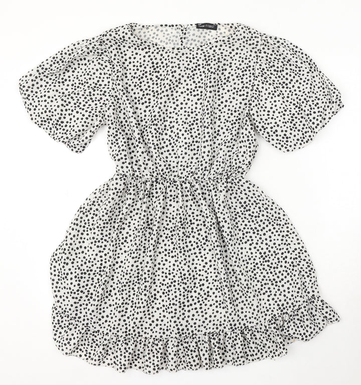 I SAW IT FIRST Womens White Polka Dot Polyester Skater Dress Size 8 Round Neck Button