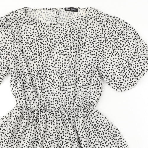 I SAW IT FIRST Womens White Polka Dot Polyester Skater Dress Size 8 Round Neck Button