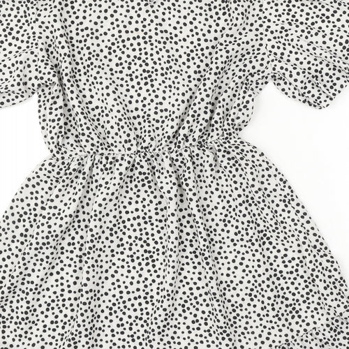 I SAW IT FIRST Womens White Polka Dot Polyester Skater Dress Size 8 Round Neck Button