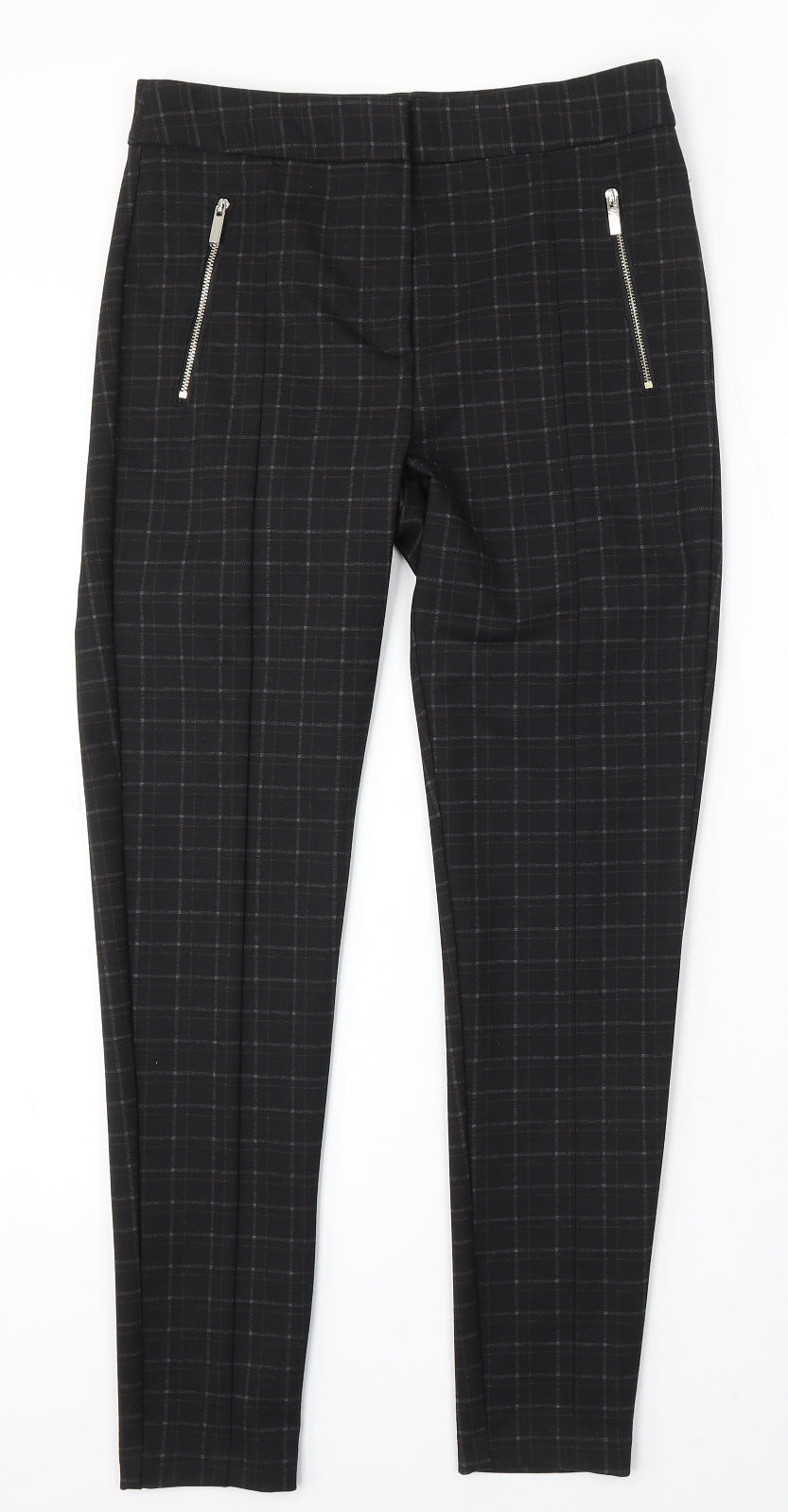 F&F Womens Black Check Polyester Trousers Size 10 L29 in Regular Hook & Eye