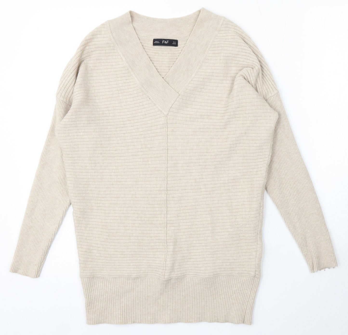 F&F Womens Beige V-Neck Viscose Pullover Jumper Size 6