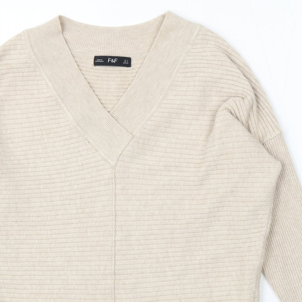F&F Womens Beige V-Neck Viscose Pullover Jumper Size 6