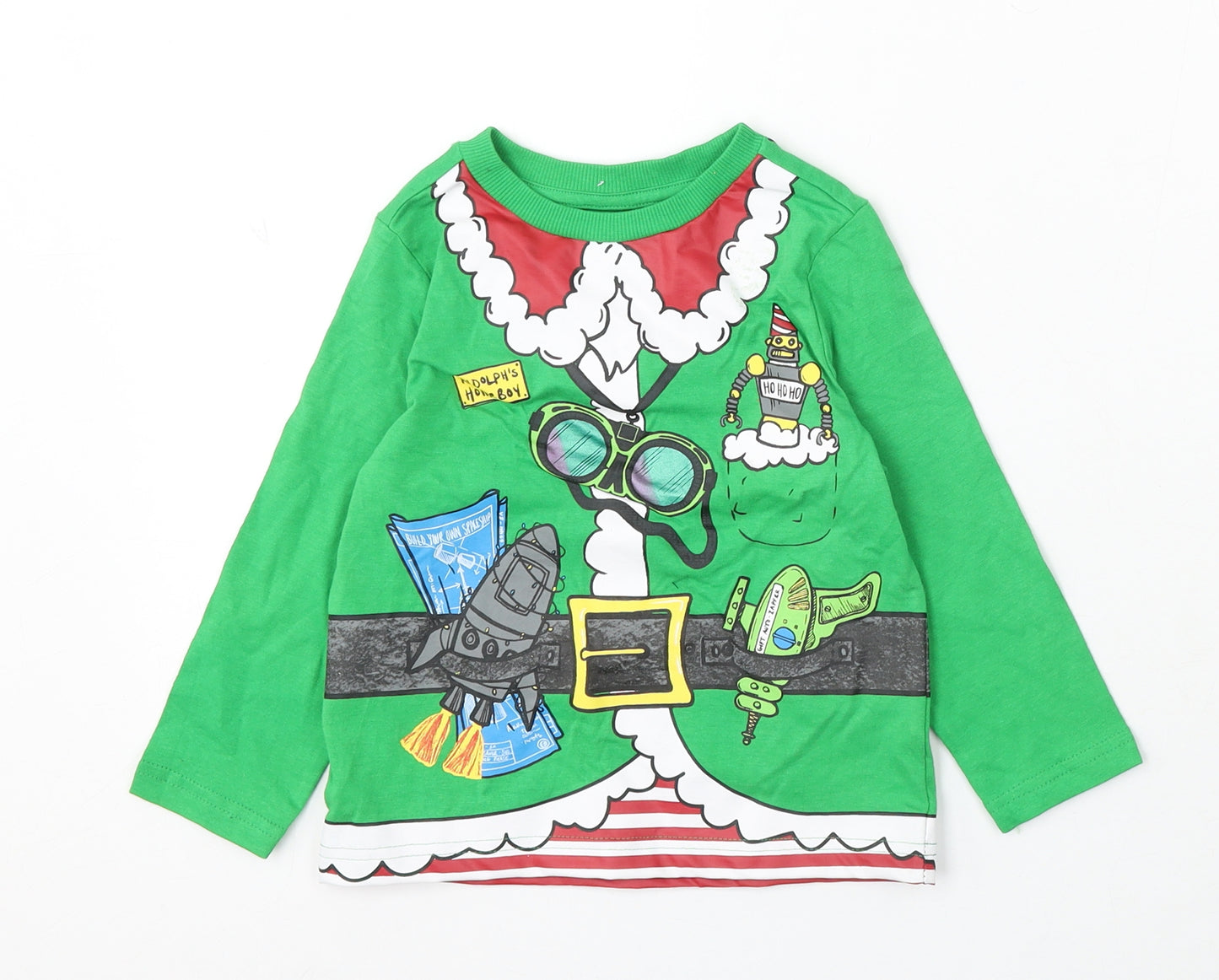 F&F Boys Green Cotton Basic T-Shirt Size 2-3 Years Round Neck - Christmas