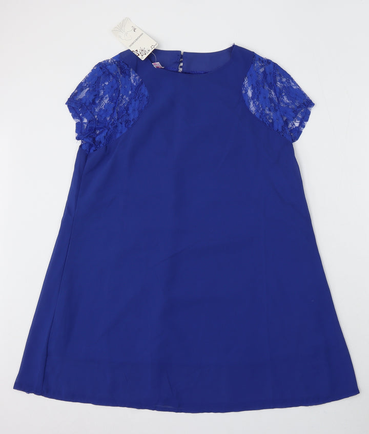 Wangmeiching Womens Blue Polyester Sheath Size L Round Neck Button - Lace Sleeves