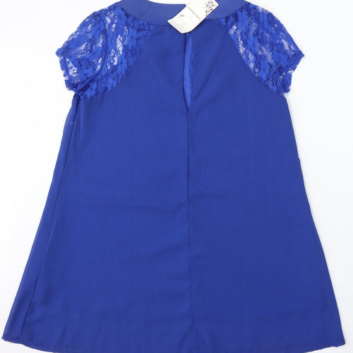 Wangmeiching Womens Blue Polyester Sheath Size L Round Neck Button - Lace Sleeves