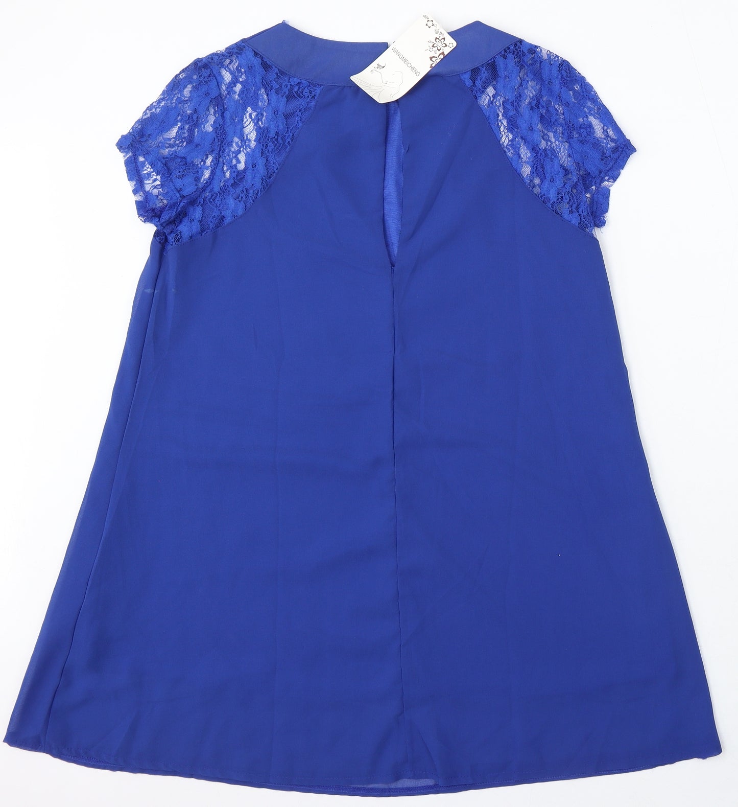 Wangmeiching Womens Blue Polyester Sheath Size L Round Neck Button - Lace Sleeves