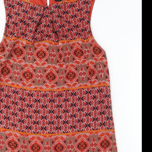 Atmosphere Womens Orange Geometric Viscose Sheath Size 14 Round Neck Button