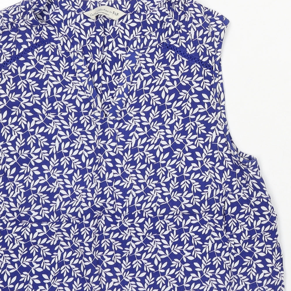 F&F Womens Blue Floral Viscose Basic Blouse Size 14 V-Neck