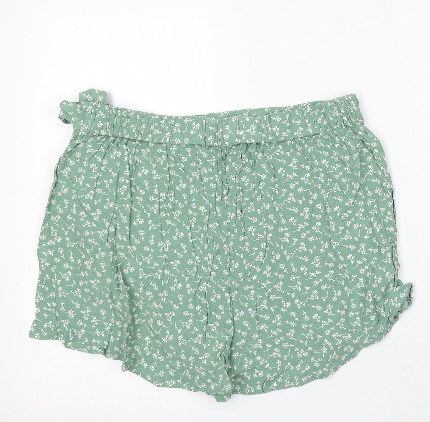 Primark Womens Green Floral Polyester Paperbag Shorts Size 16 L3 in Regular Tie
