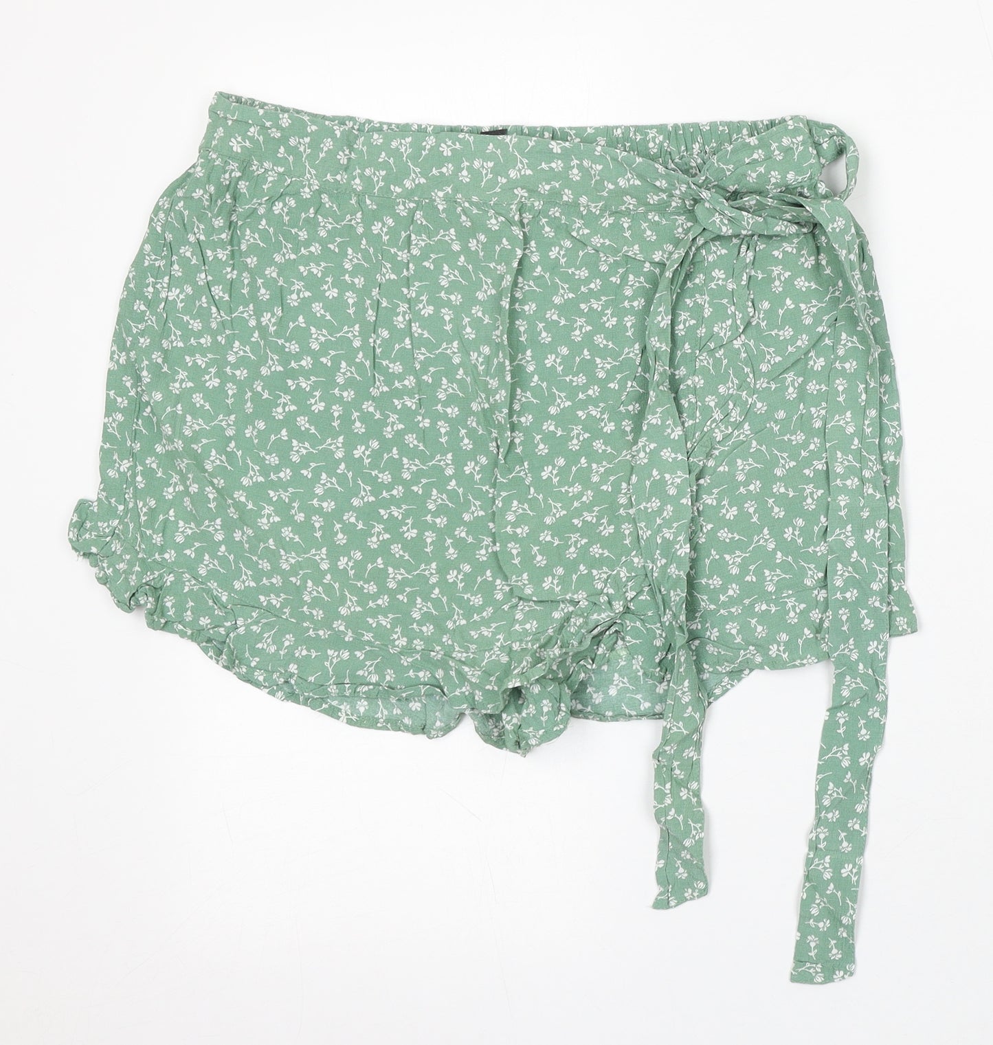 Primark Womens Green Floral Polyester Paperbag Shorts Size 16 L3 in Regular Tie