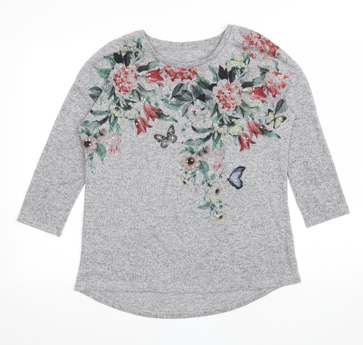 TU Womens Grey Floral Polyester Basic T-Shirt Size 12 Round Neck - Butterflies, flowers