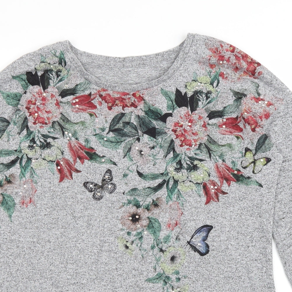 TU Womens Grey Floral Polyester Basic T-Shirt Size 12 Round Neck - Butterflies, flowers