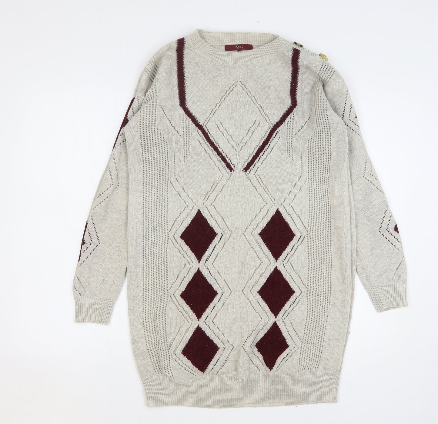 NEXT Womens Beige Argyle/Diamond Acrylic Jumper Dress Size 16 Round Neck Pullover