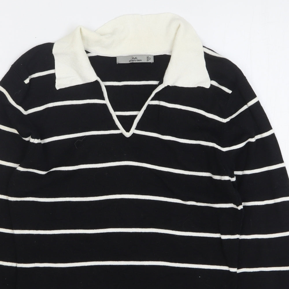 Style Collection Womens Black Collared Striped Ramie Pullover Jumper Size 12